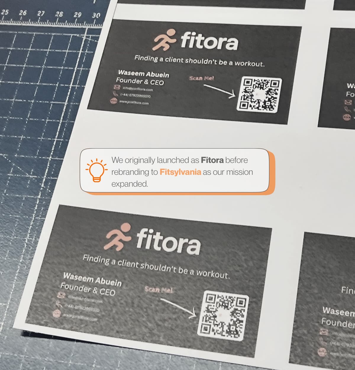 Hand-made business cards by our Founder for a last minute fitness event